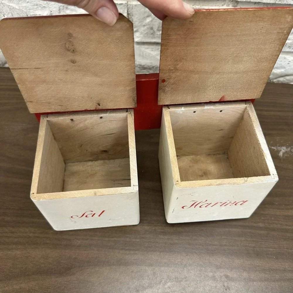 Vintage red & white wall-mounted Wooden kitchen sal & harina containers Holder